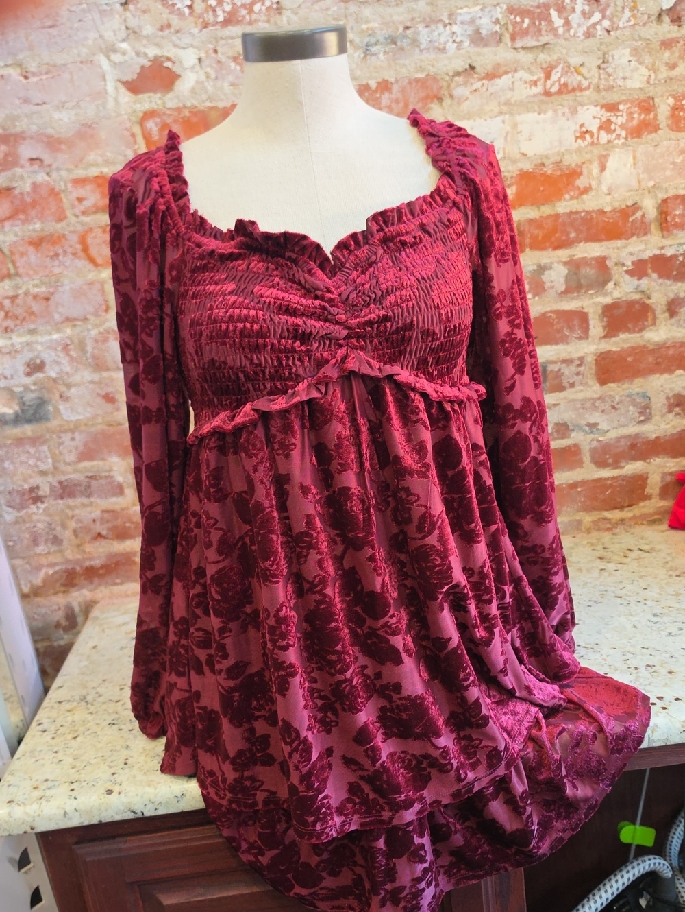 Crystal Doll Burgundy Floral Velvet Long Sleeve Babydoll Dress